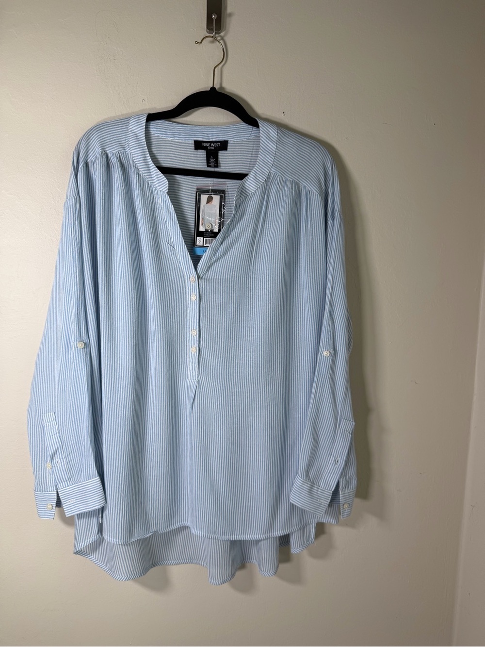Nine West Light Blue & White Striped Casual Button-Front Shirt